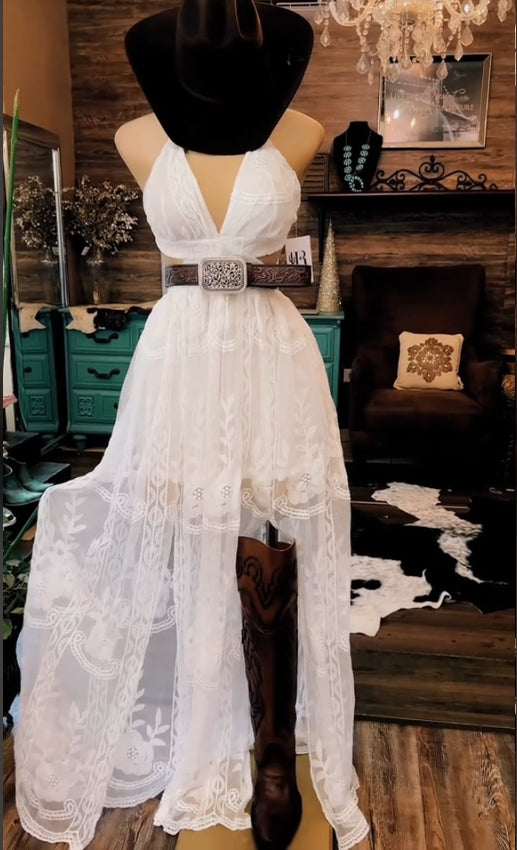 Boho Cowgirl Style Lace Halter Maxi Dress