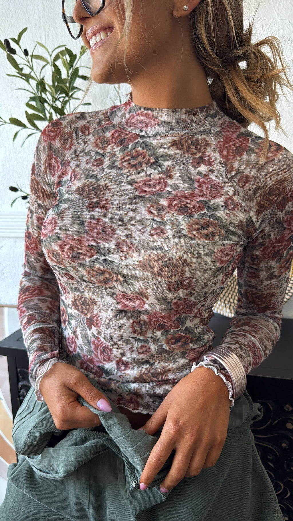 Cinder Rose Mesh Mock Neck Top