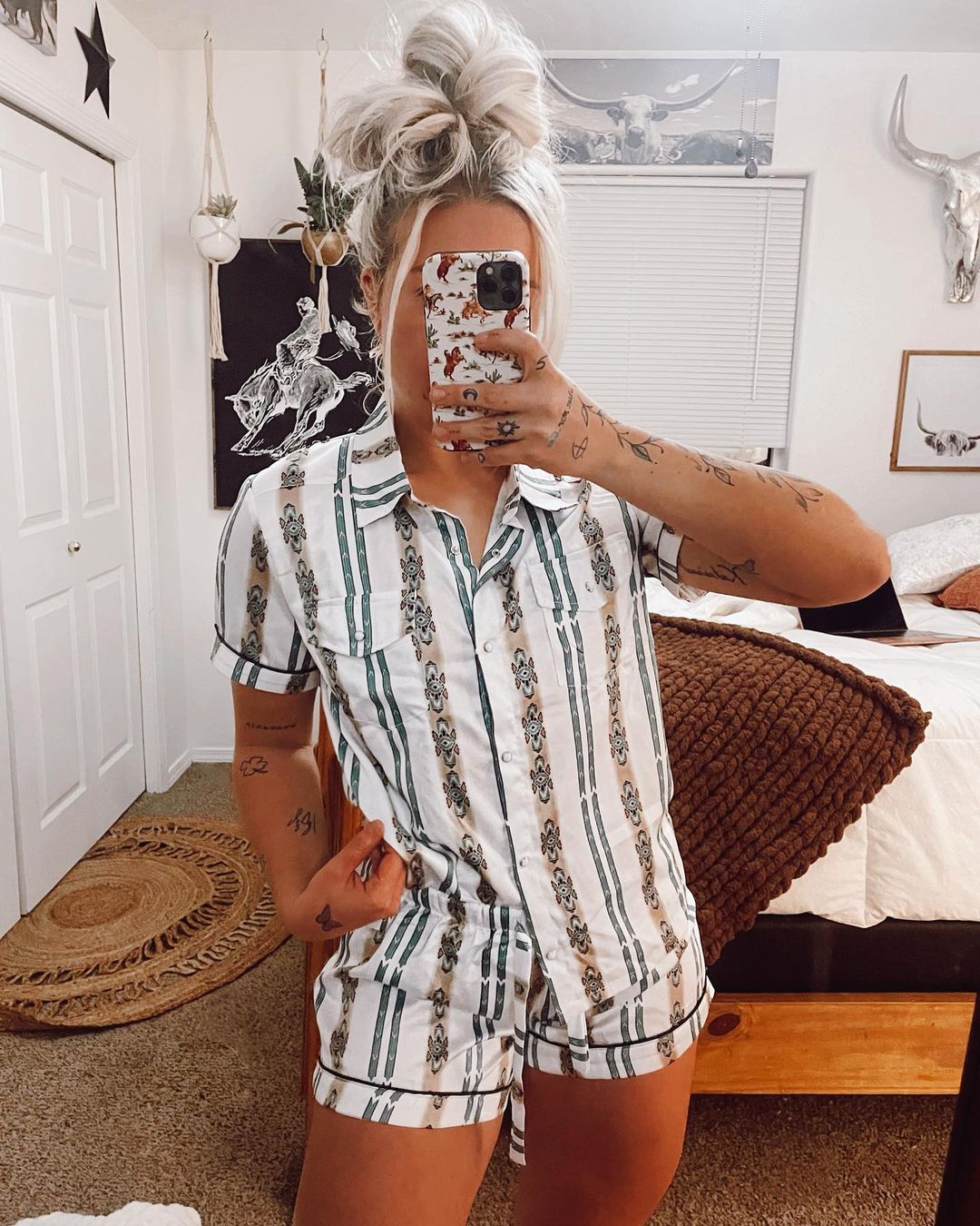 Casual  Western Stripe Print  Short Sleeves Pajama Set