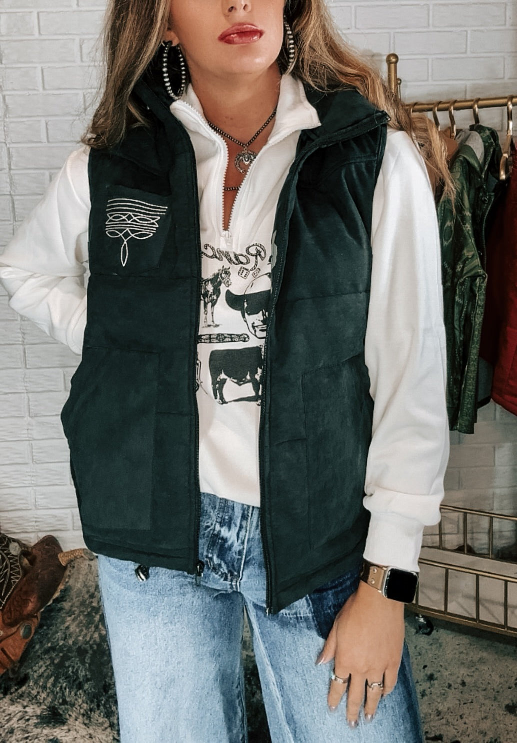 Boot Stitch Printed Quilted Vest- Black