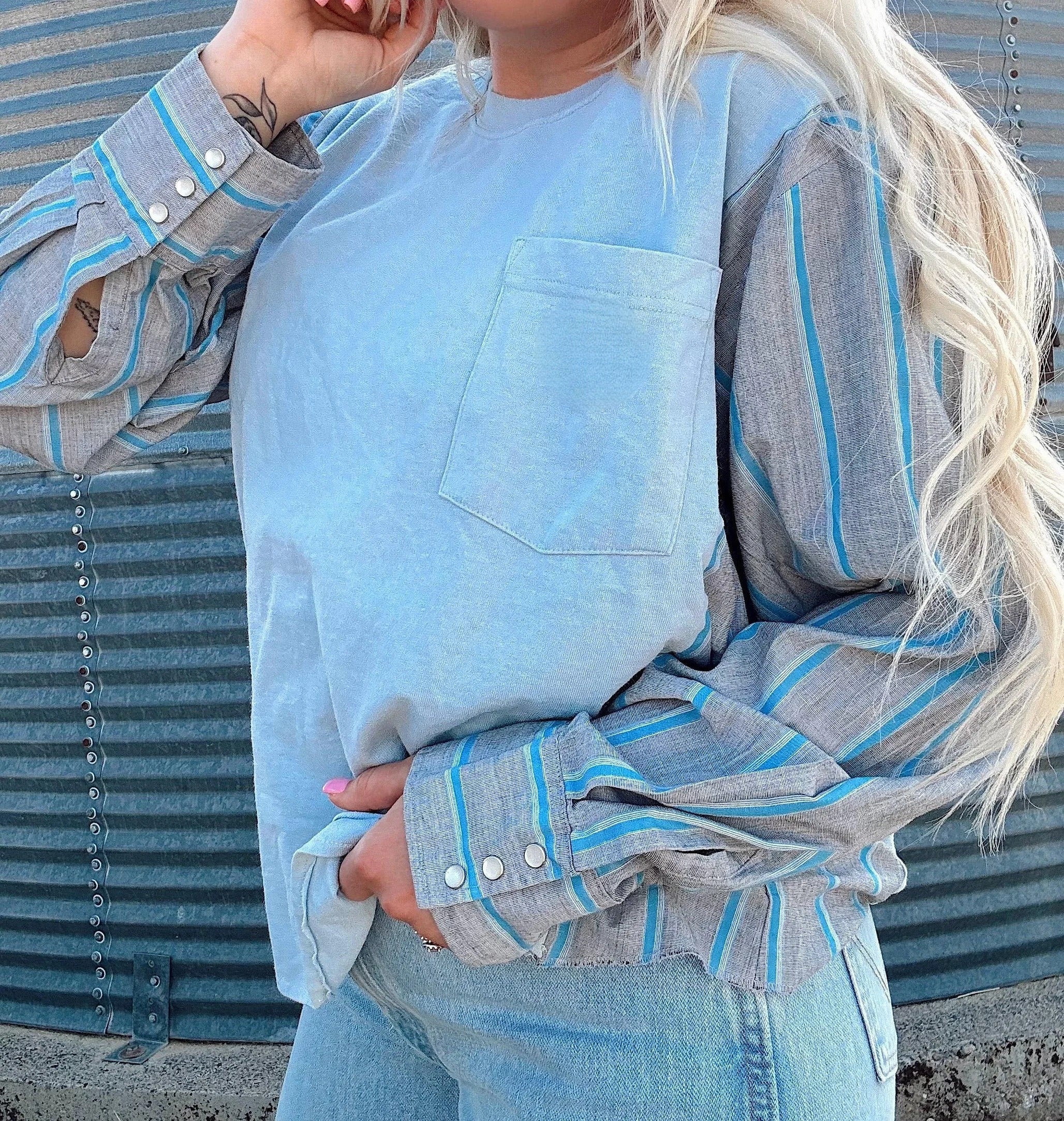 Blue Collar x Pearl Snaps Patchwork Top