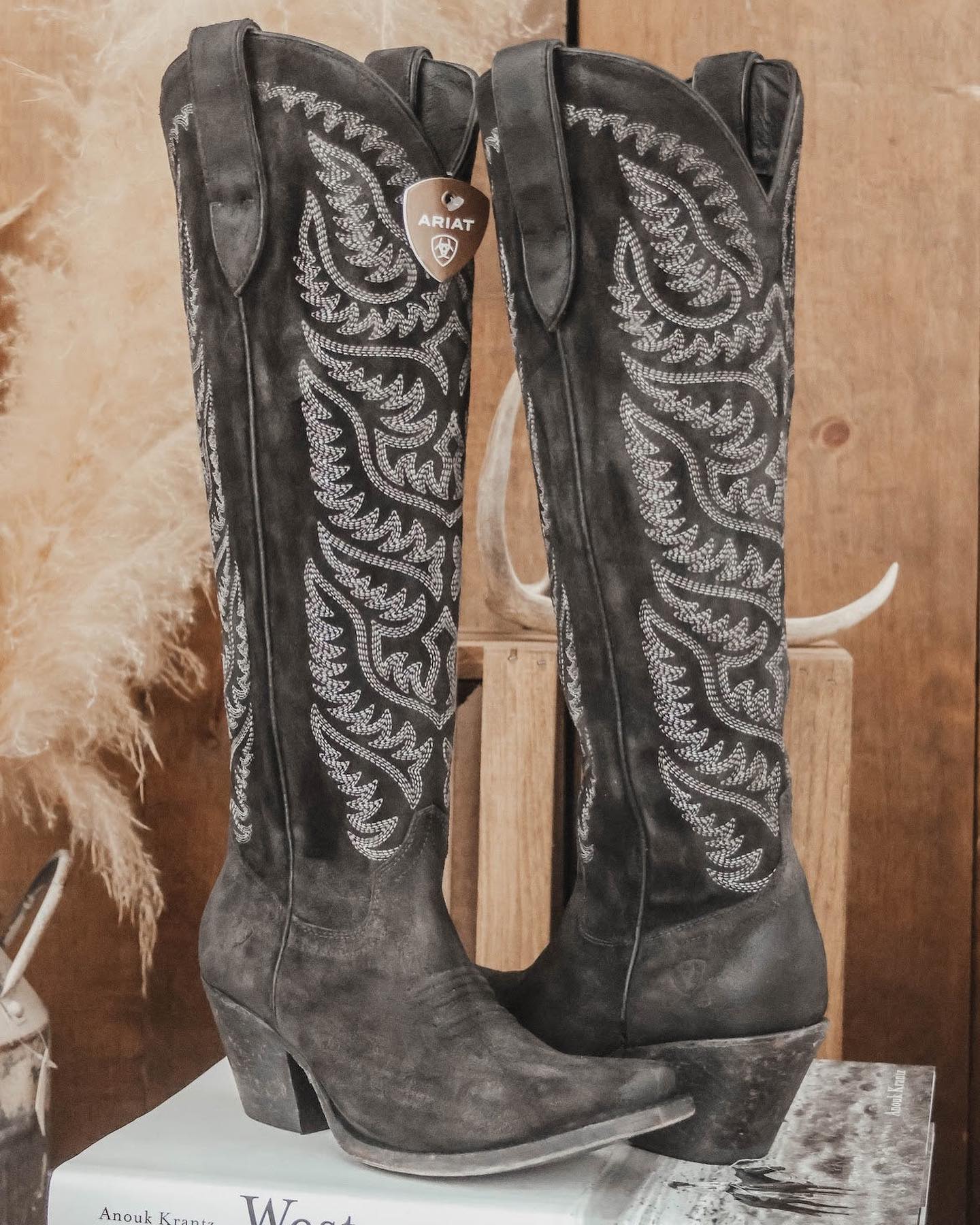 Black Cowgirl Western Embroidered Knee Boots