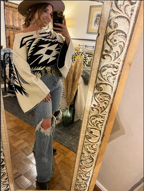 Aztec Vintage Sweater Top-Black