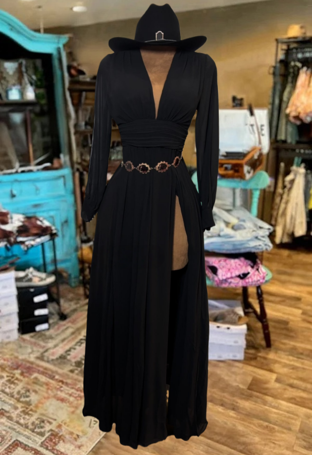 Black Long-sleeved Side Slit Dress Dress
