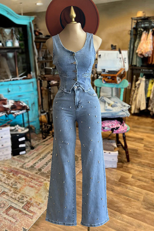 Denim Vest Button Top-0520