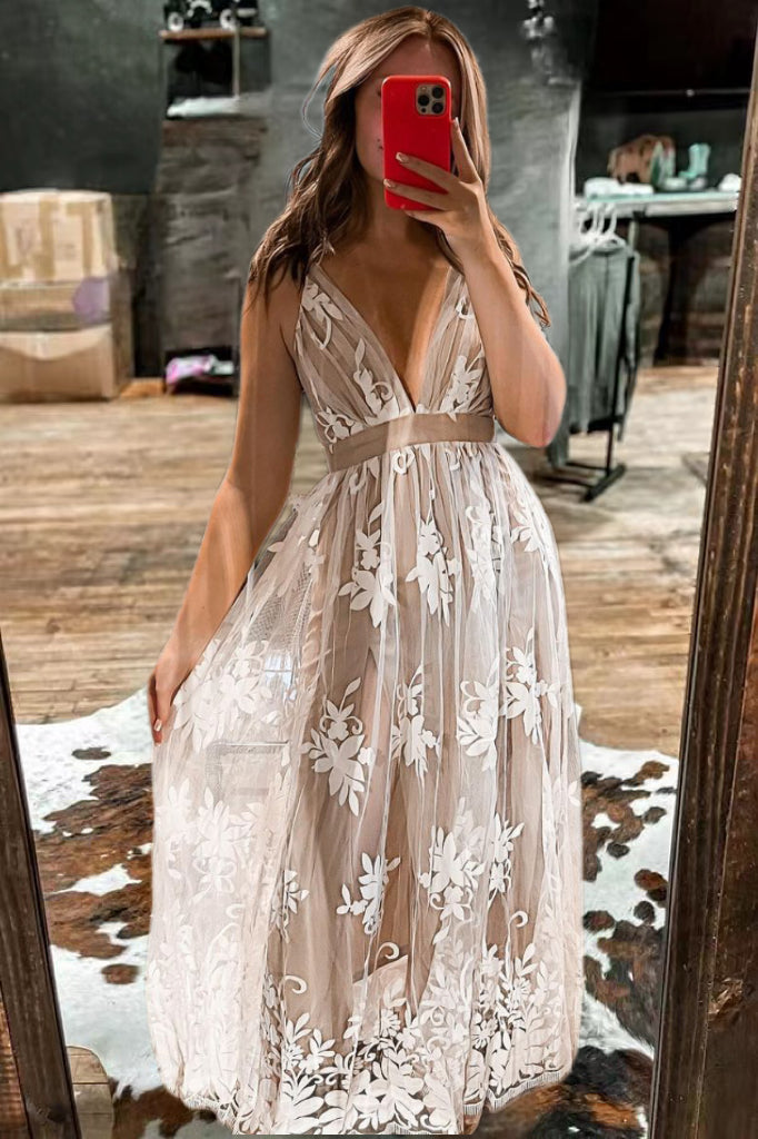 Beautiful White V-Neck Floral Pattern Mesh Dress