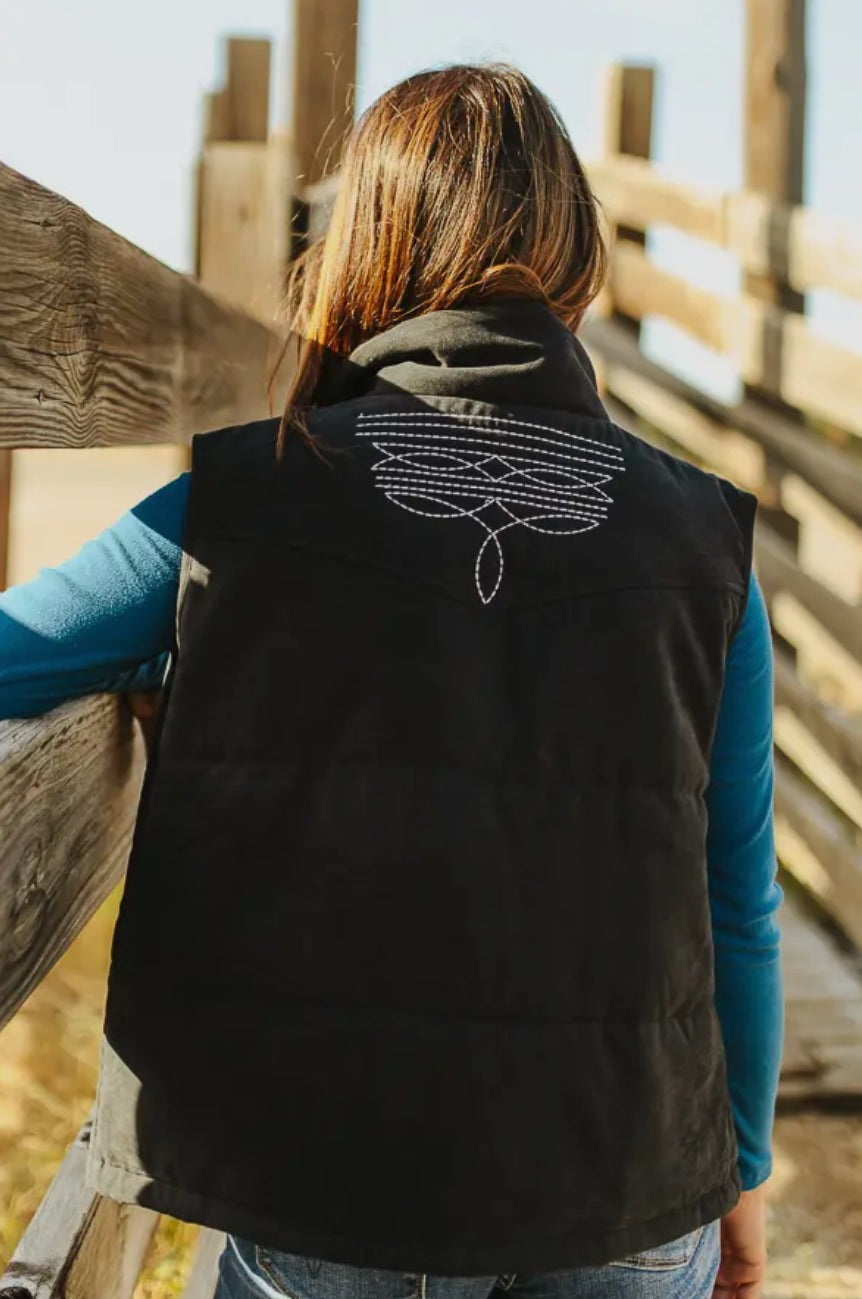 Boot Stitch Printed Quilted Vest- Black